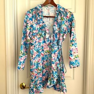 Bar III Dress Size Small Floral White Blue Long Sleeves Wrap around Ties